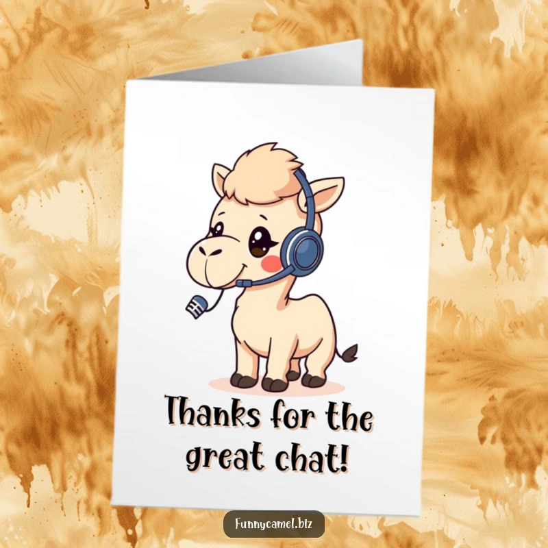 Funny Free Printable Thank You Card: Kawaii camel with headset, busy but grateful, sending thanks your way.