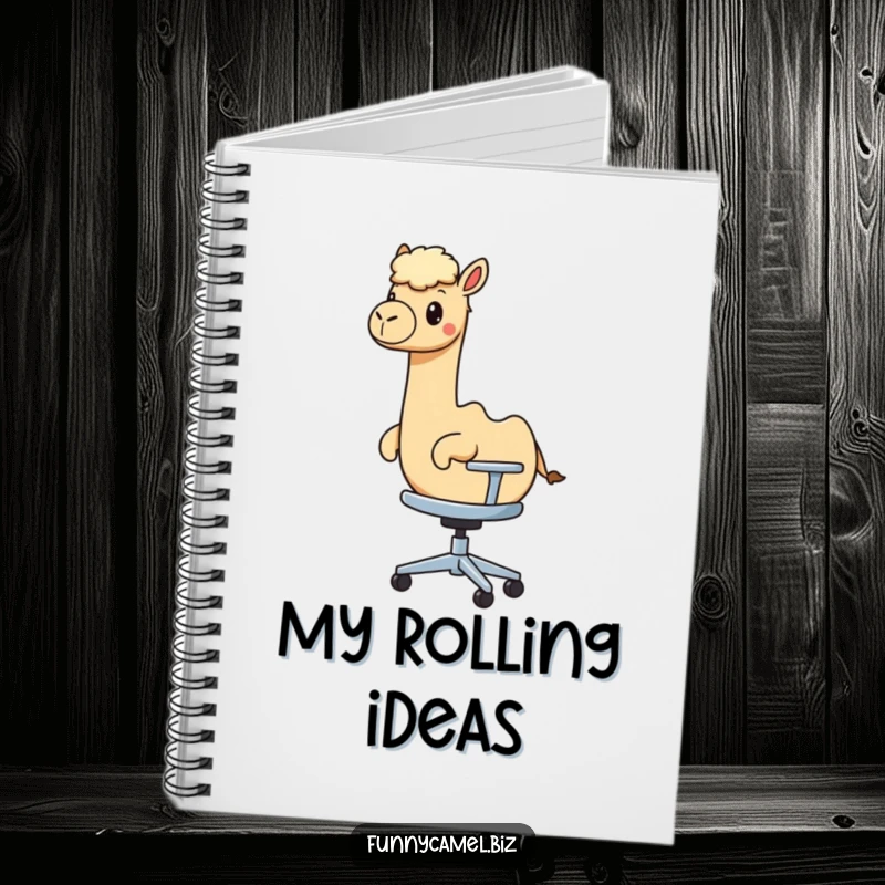 Funny kawaii camel rides a rolling office chair on the cover of this amusing and functional notebook.