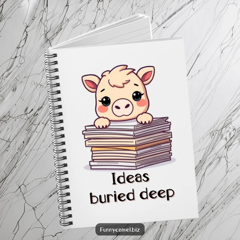 Funny Kawaii camel peeking over abstract documents, showcased on a notebook cover, perfect for witty journaling and office organization.