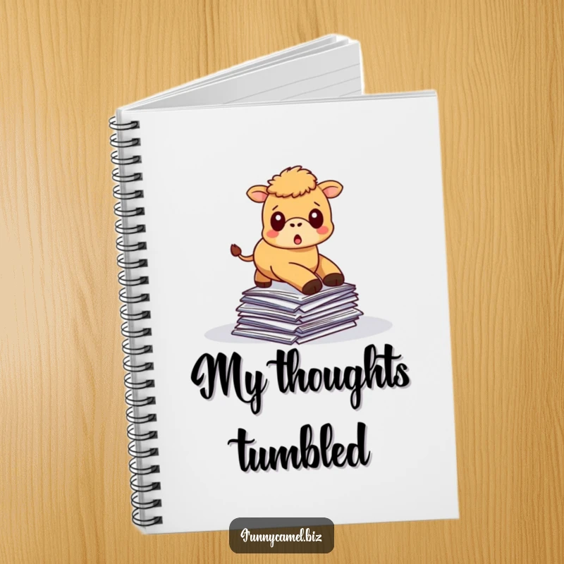 Funny kawaii camel stumbling over papers on the cover of a lined notebook, ready for notes.