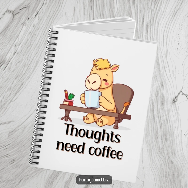 Funny kawaii camel character sipping coffee from a large mug at a desk, inspiring creativity in this office notebook, a fun gift.