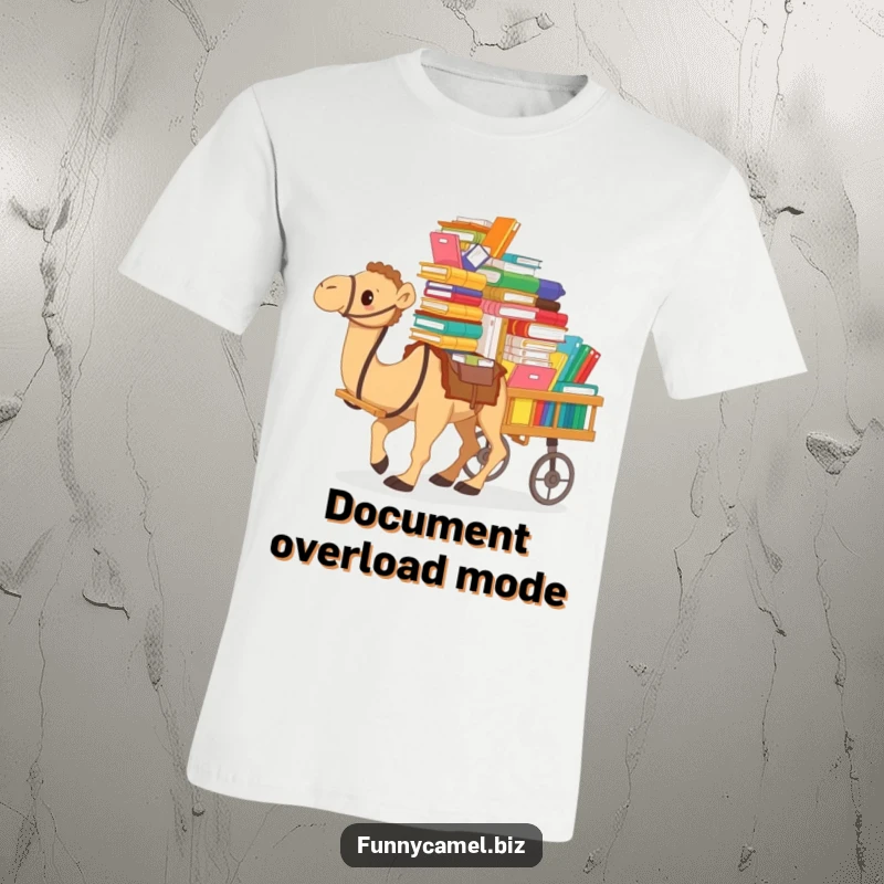 Funny t-shirt with a camel heroically pushing a cart overflowing with colorful files and documents, representing office workload chaos.