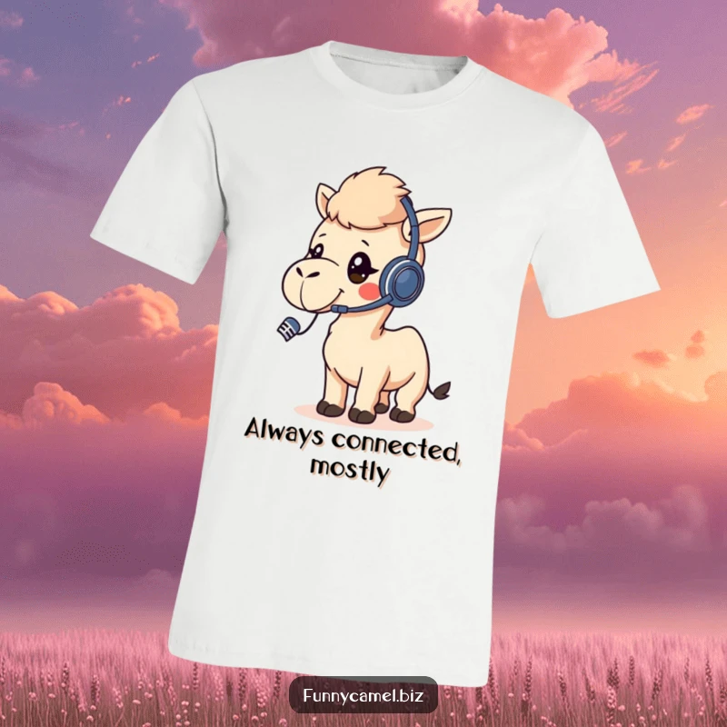 Funny kawaii camel wearing a headset, talking into a microphone, detailed on a comfortable graphic tee.