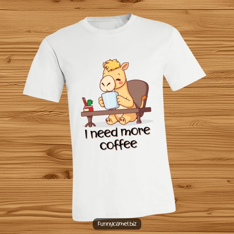 Funny kawaii camel character sipping coffee from a large mug at a desk, the epitome of office humor on a t-shirt, a gift.