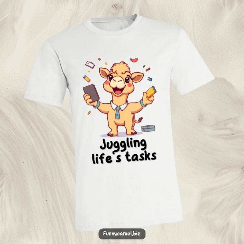 Funny t-shirt depicts an energetic camel with a wide grin, skillfully juggling various office supplies like pens and scissors.