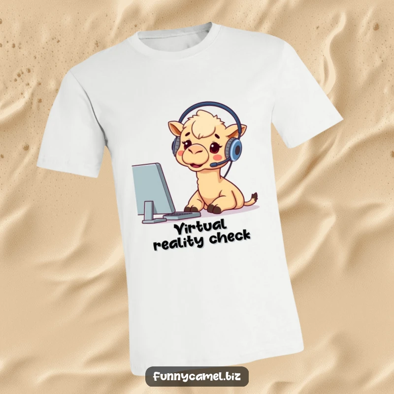 Funny t-shirt shows a camel with a headset, eyes wide with excitement staring at a computer monitor, symbolizing tech obsession.