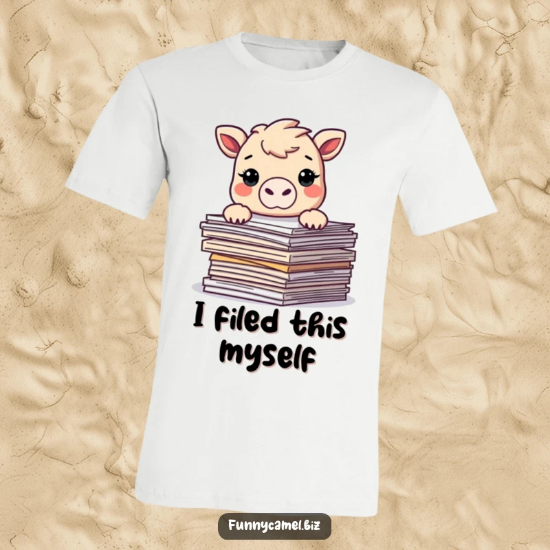 Funny Kawaii camel peeking over a stack of abstract documents, printed on a comfortable t-shirt, bringing office humor to life.