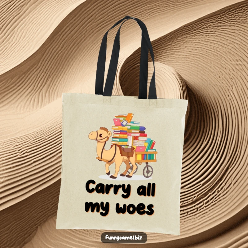 Funny tote bag showcasing a camel pushing a cart overloaded with colorful files and documents, a humorous take on carrying life's burdens.