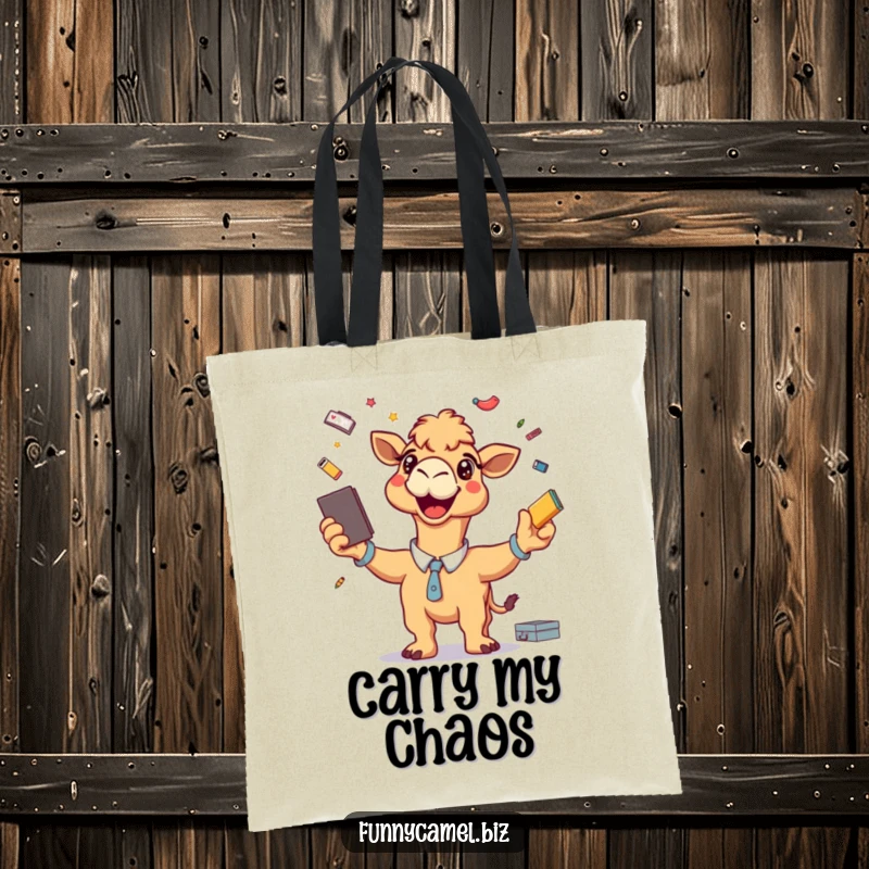 Funny tote bag showing a grinning camel energetically juggling office supplies like a stapler, pens, and a calculator.