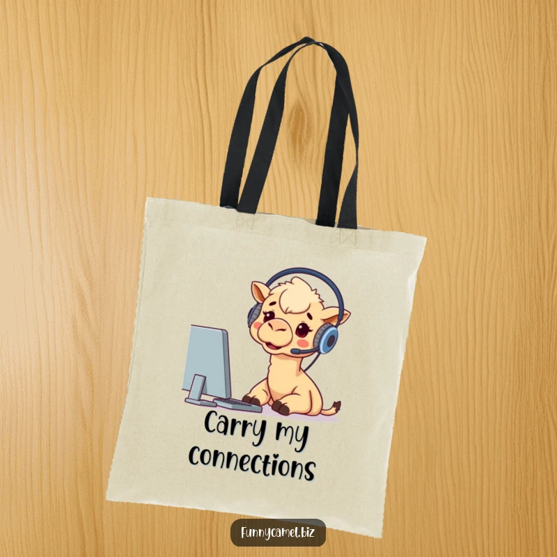 Funny tote bag with a camel wearing a headset, excitedly focused on a computer screen, representing a love for technology.
