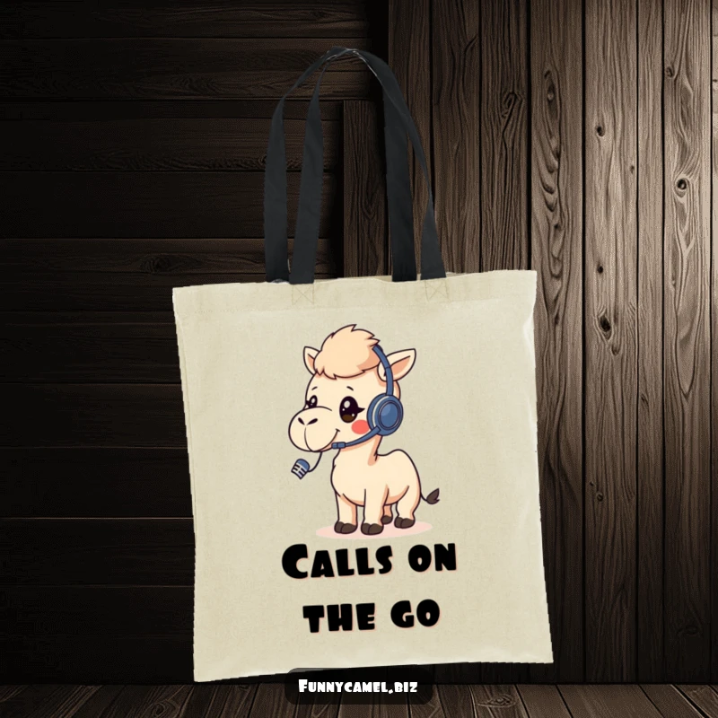 Funny kawaii camel wearing a headset, talking into a microphone, on a durable tote bag.