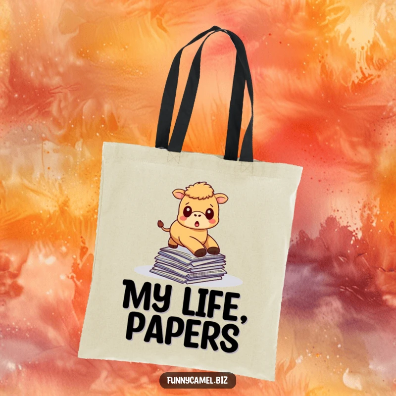 Funny kawaii camel stumbling over a pile of documents, printed on a durable and spacious tote bag.