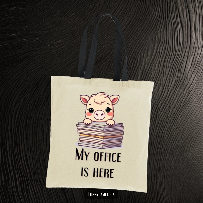 Funny Kawaii camel peeking over abstract documents, featured on a durable tote bag, ideal for stylish and humorous errands.