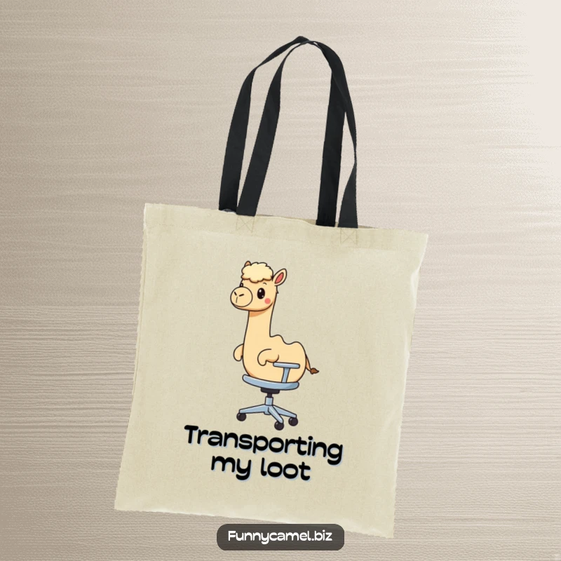 A kawaii camel humorously rolls on an abstract office chair, making this tote bag a funny and functional accessory.